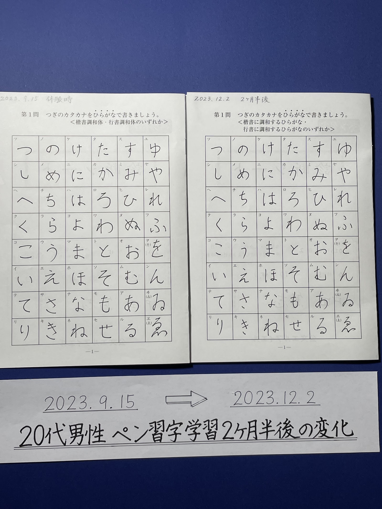 20代男性のペン習字 学習開始時と2ヶ月半後のひらがな比較
